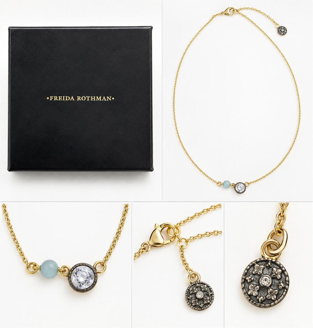 NIB Freida Rothman Gold Tone Lab Grown Diamond & Blue Stone Pendant Necklace